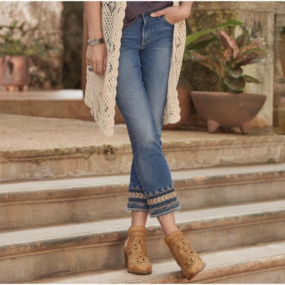 SUNDANCE CATALOG Driftwood Colette Aztec Embroidered Ankle Jeans